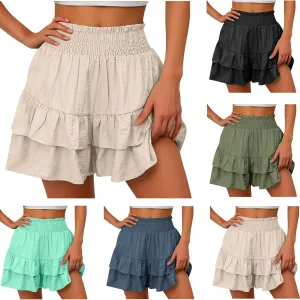 Summer Shorts for Women 2024 Elastic High Waisted Pleated Ruffle Mini Skirts Cute Beach Vacation Flowy Shorts Skorts