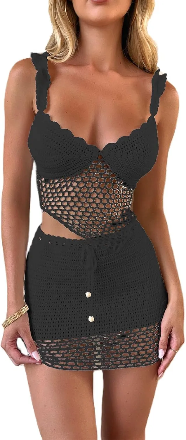 Sunloudy Women 2Pcs Crochet Knit Skirt Set Tube Crop Top   High Waist Bodycon Skirt Cover Up Beachwear