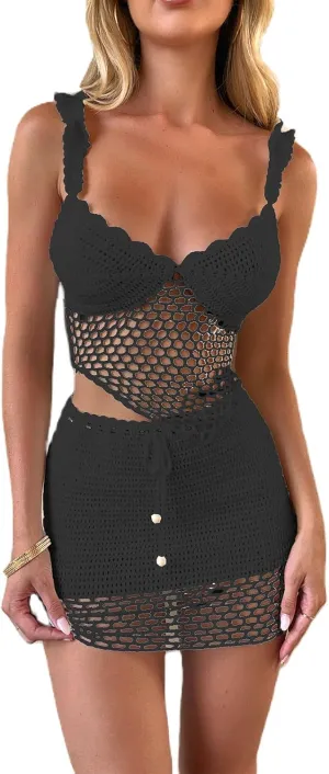 Sunloudy Women 2Pcs Crochet Knit Skirt Set Tube Crop Top   High Waist Bodycon Skirt Cover Up Beachwear