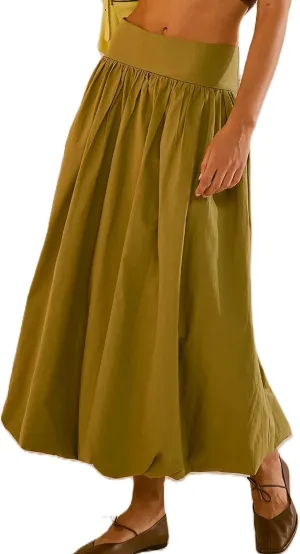 Sunloudy Women Bubble Maxi Skirt Boho Elastic High Waist Pleated A-Line Skirt Flowy Swing Ruffle Hem Long Skirt