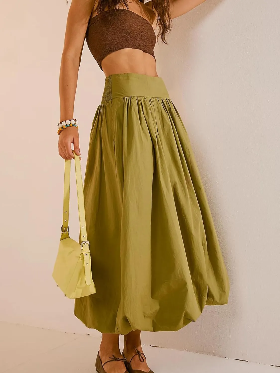 Sunloudy Women Bubble Maxi Skirt Boho Elastic High Waist Pleated A-Line Skirt Flowy Swing Ruffle Hem Long Skirt