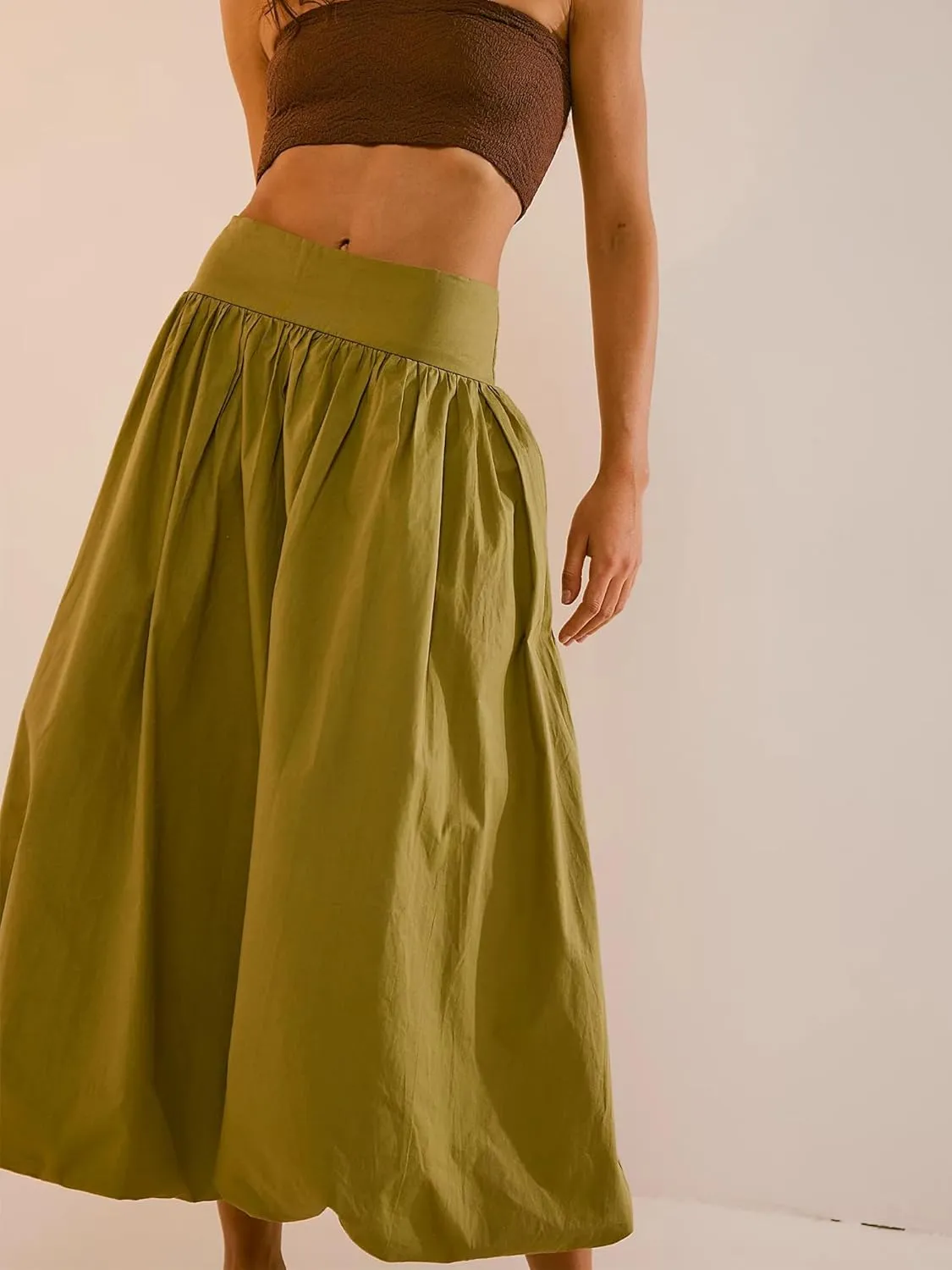 Sunloudy Women Bubble Maxi Skirt Boho Elastic High Waist Pleated A-Line Skirt Flowy Swing Ruffle Hem Long Skirt