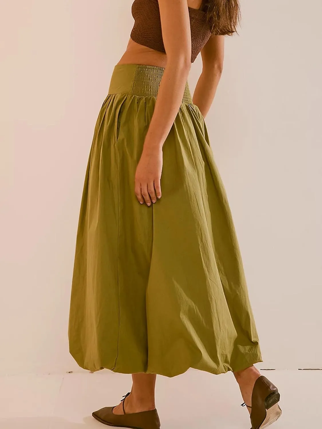Sunloudy Women Bubble Maxi Skirt Boho Elastic High Waist Pleated A-Line Skirt Flowy Swing Ruffle Hem Long Skirt