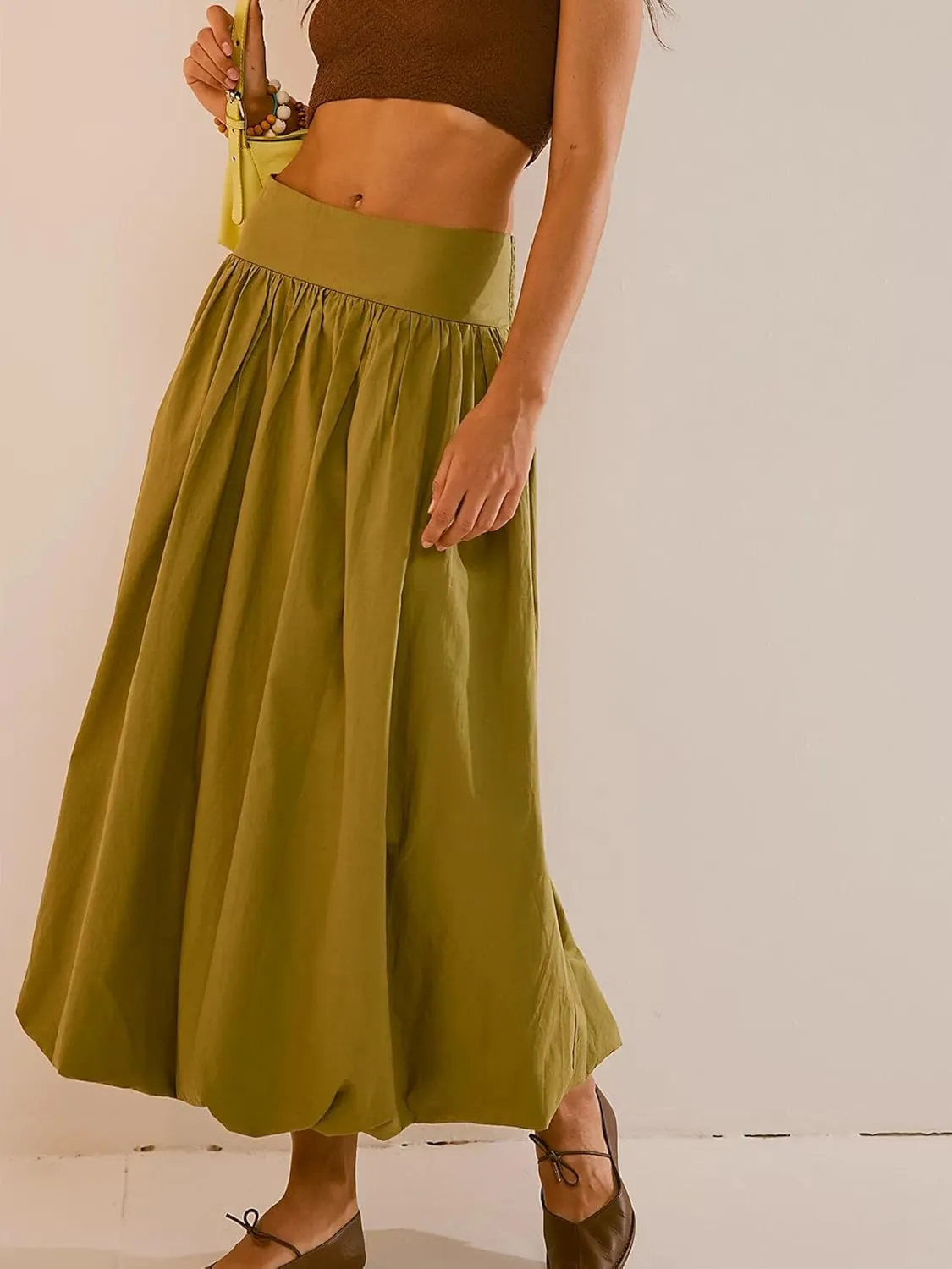 Sunloudy Women Bubble Maxi Skirt Boho Elastic High Waist Pleated A-Line Skirt Flowy Swing Ruffle Hem Long Skirt
