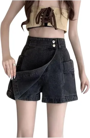 Today Deals Prime Jean Shorts for Women Summer 2024 Oversized High Waisted Button Front A Line Denim Skort Trendy Asymmetrical Hem Skirt Shorts Womens Shorts Athletic,Grey,M, Medium