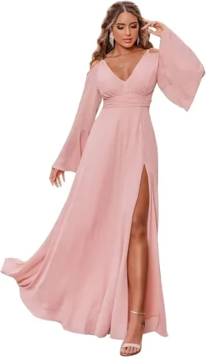 V Neck Bridesmaid Dresses Flare Sleeves Chiffon Wedding Guest Dress Cold Shoulder A-Line Formal Dress for Women