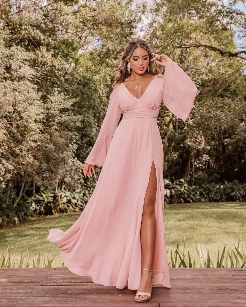 V Neck Bridesmaid Dresses Flare Sleeves Chiffon Wedding Guest Dress Cold Shoulder A-Line Formal Dress for Women