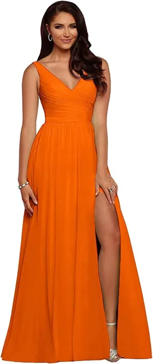V-Neck Bridesmaid Dresses for Women 2024 Side Slit Prom Gown Sleeveless Chiffon Long Wedding Guest Dress Orange US10