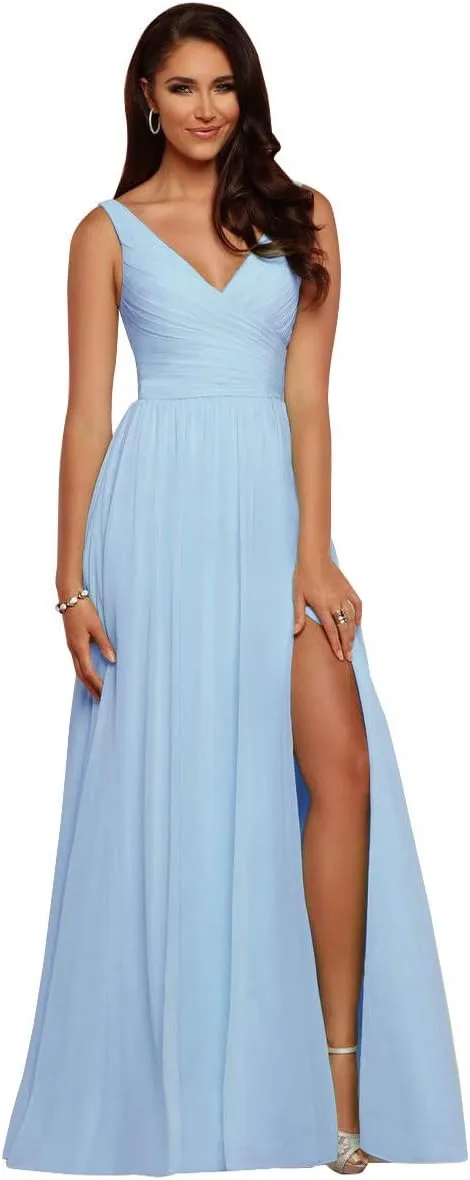 V Neck Bridesmaid Dresses Long Split Chiffon Pleated Wedding Evening Prom Gown for Women Sky Blue Size 8