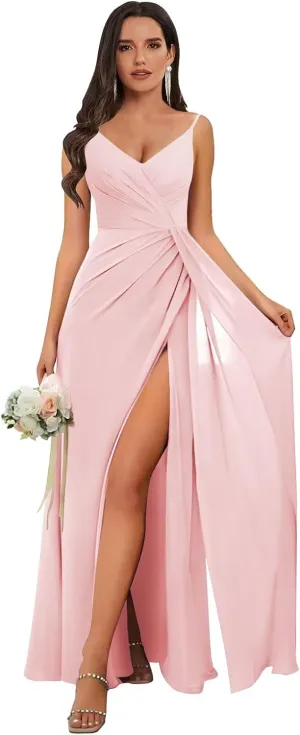 V-Neck Chiffon Long Bridesmaid Dress with Slit Spaghetti Strap Ruched A-Line Formal Evening Gowns