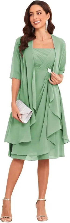 VCCICANY 2 Pieces Chiffon Mother of The Bride Dresses with Jacket Ruffle Short Formal Evening Party Gown