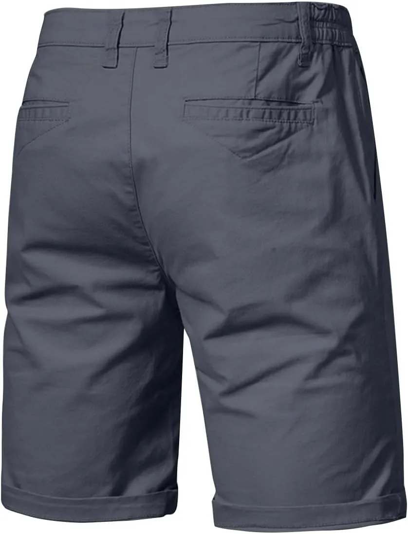 WENKOMG1 Cotton Shorts for Men Solid Chino Casual Knee Length Work Shorts Summer Slim Fit 10" Inseam Flat Front Shorts