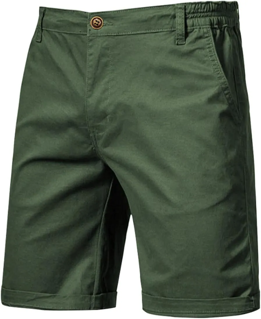 WENKOMG1 Cotton Shorts for Men Solid Chino Casual Knee Length Work Shorts Summer Slim Fit 10" Inseam Flat Front Shorts