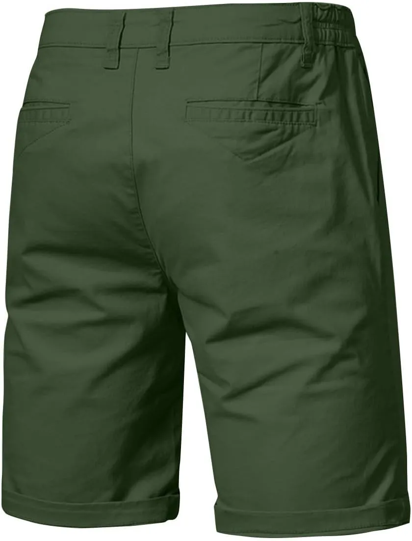 WENKOMG1 Cotton Shorts for Men Solid Chino Casual Knee Length Work Shorts Summer Slim Fit 10" Inseam Flat Front Shorts