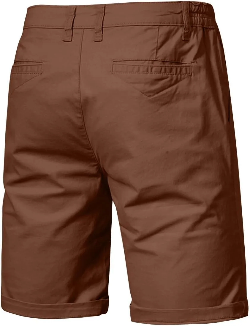 WENKOMG1 MensCotton Shorts Solid Chino Casual Knee Length Work Shorts Summer Slim Fit 10" Inseam Flat Front Shorts