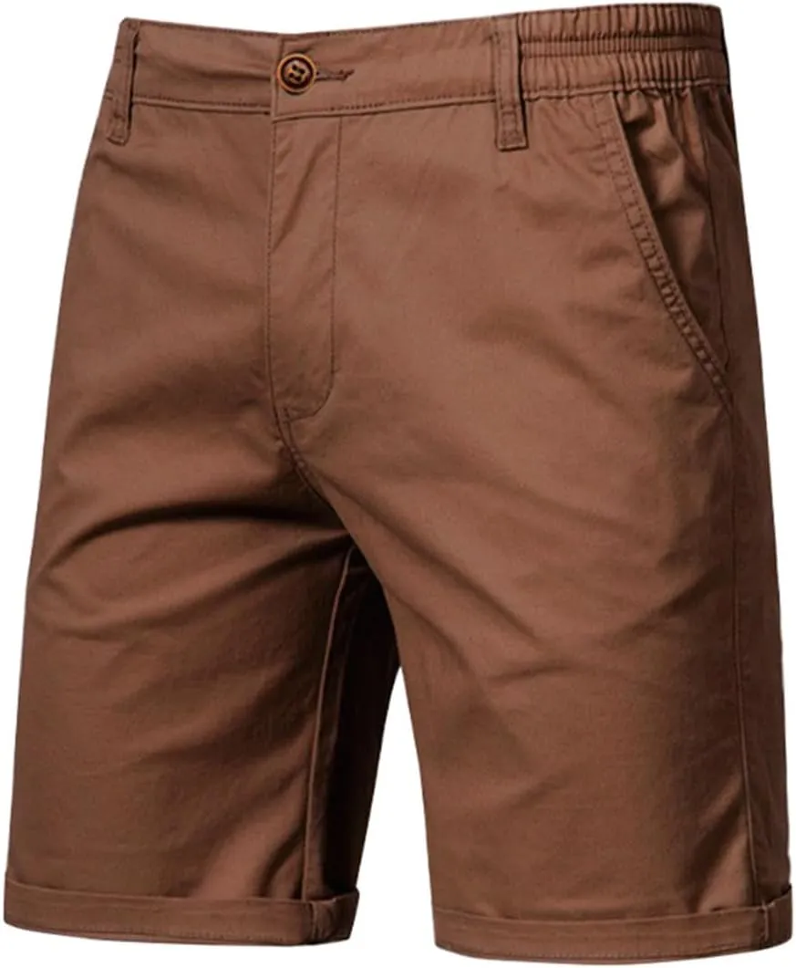 WENKOMG1 MensCotton Shorts Solid Chino Casual Knee Length Work Shorts Summer Slim Fit 10" Inseam Flat Front Shorts
