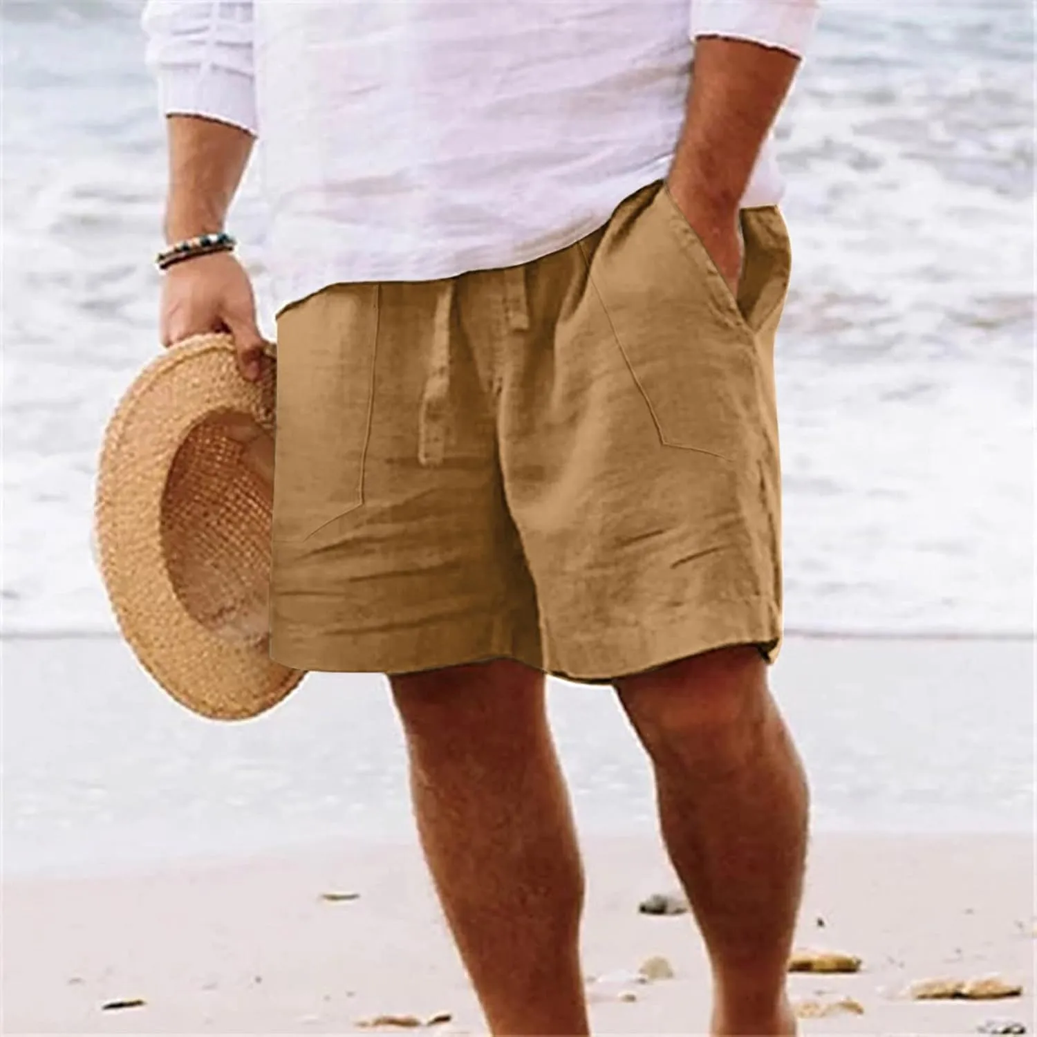 White Linen Shorts Men Big and Tall Beach Shorts Casual Cotton Linen Shorts Loose Lightweight Short Athletic Linen