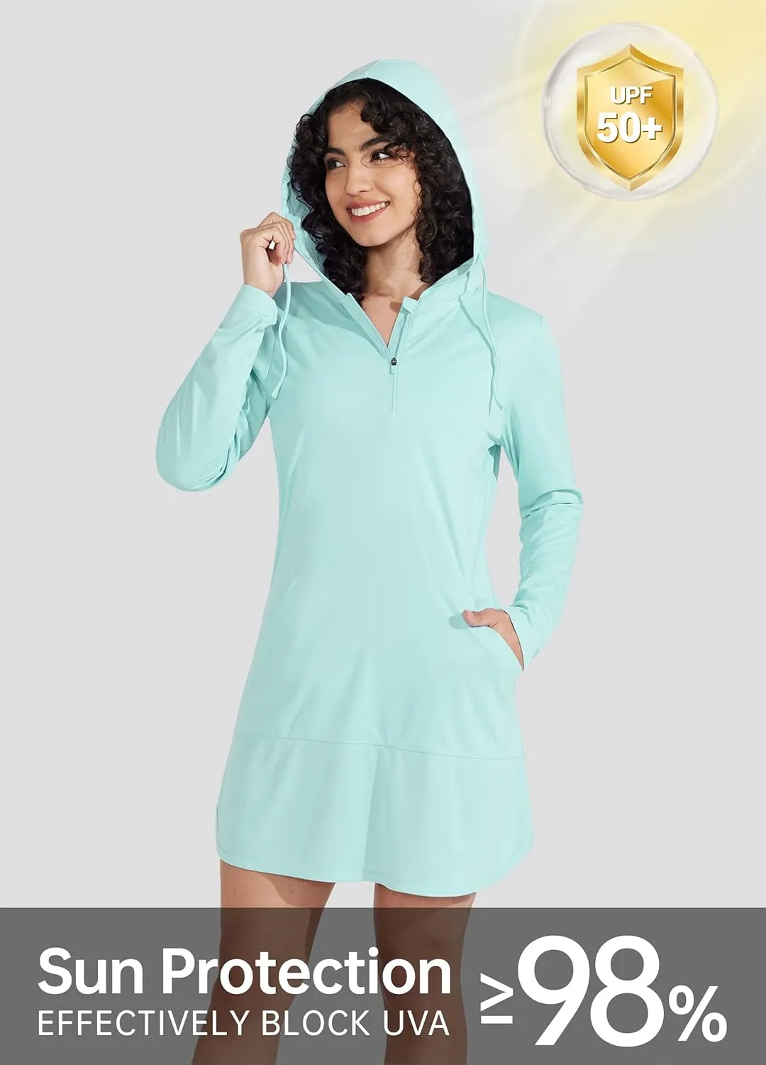 Willit Women's UPF 50  Swim Cover-Up Dress Hooded Beach Sun Long Sleeve Swimwear Quick Dry SPF Swim Shirts
