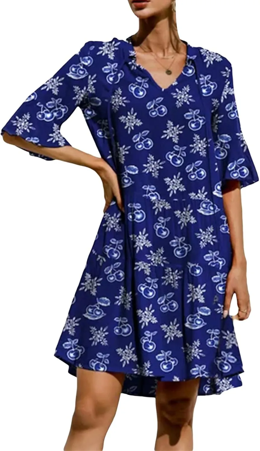 Women Boho Floral Mini Dress Short Sleeve V Neck Ruffle Loose A-line Dress Bohemian Beach Swing Flowy Dresses