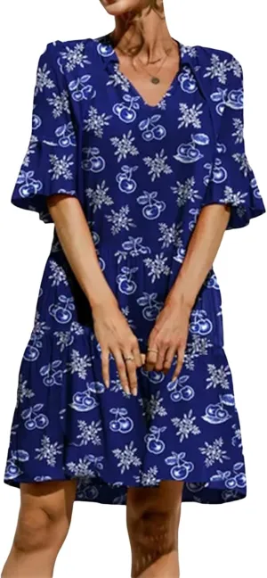 Women Boho Floral Mini Dress Short Sleeve V Neck Ruffle Loose A-line Dress Bohemian Beach Swing Flowy Dresses