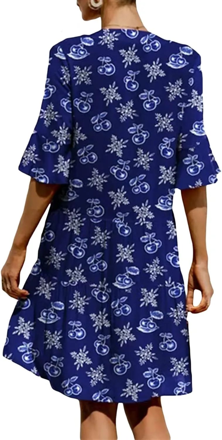 Women Boho Floral Mini Dress Short Sleeve V Neck Ruffle Loose A-line Dress Bohemian Beach Swing Flowy Dresses