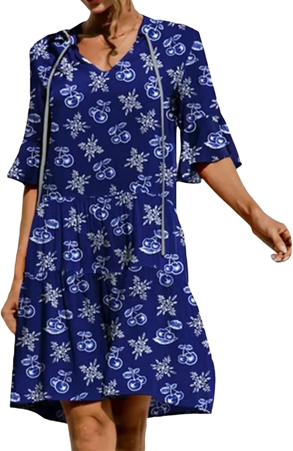 Women Boho Floral Mini Dress Short Sleeve V Neck Ruffle Loose A-line Dress Bohemian Beach Swing Flowy Dresses
