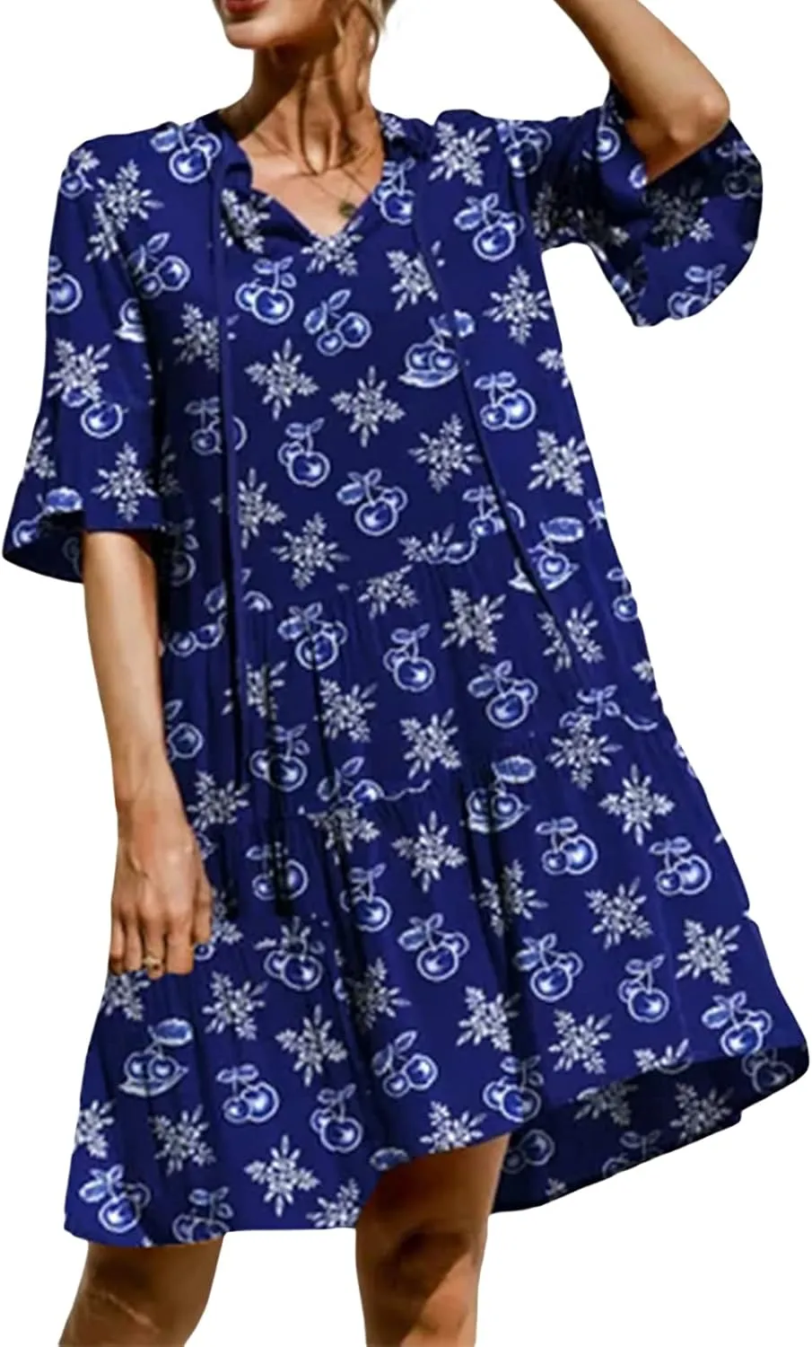 Women Boho Floral Mini Dress Short Sleeve V Neck Ruffle Loose A-line Dress Bohemian Beach Swing Flowy Dresses