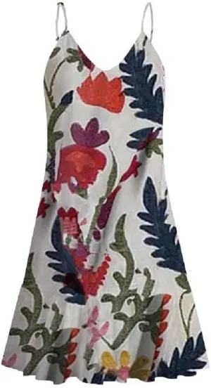 Women Boho Spaghetti Strap Sexy V Neck Floral Leaves Print Ruffle Hem Mini Dress Women Summer Dresses Casual Short
