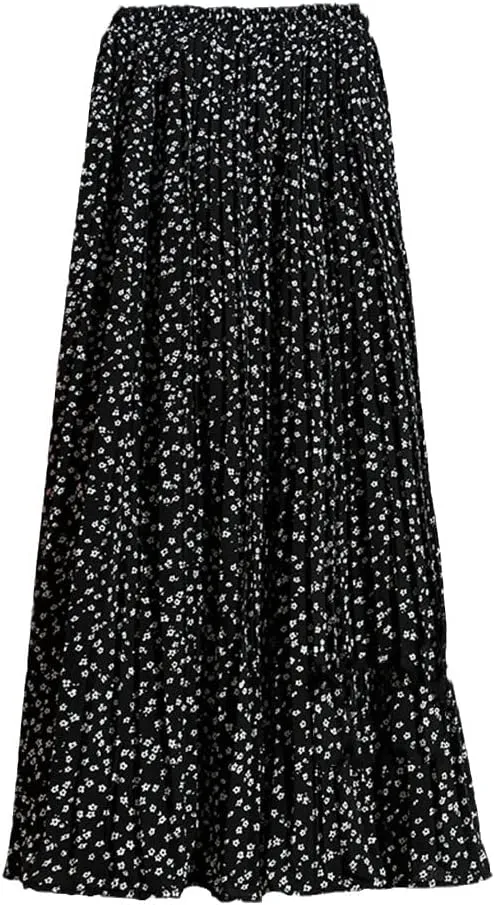 Women Chiffon Midi Pleated High Waist Skirts Floral Painting Printed Long Skirts