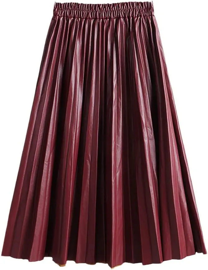 Women Faux Leather Midi Skirt Vintage A-Line High Waist Pleated Skirt Knee Length