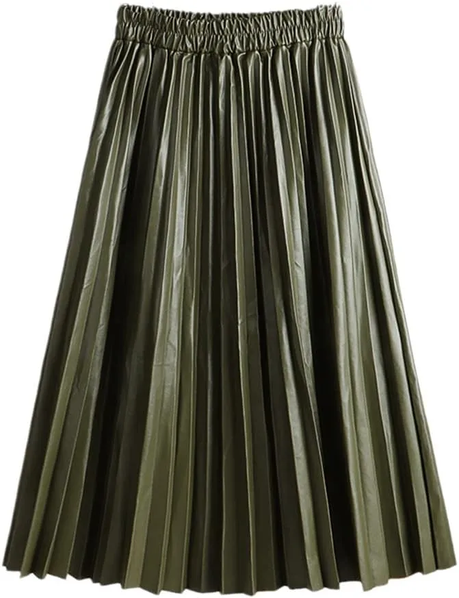 Women Faux Leather Midi Skirt Vintage A-Line High Waist Pleated Skirt Knee Length