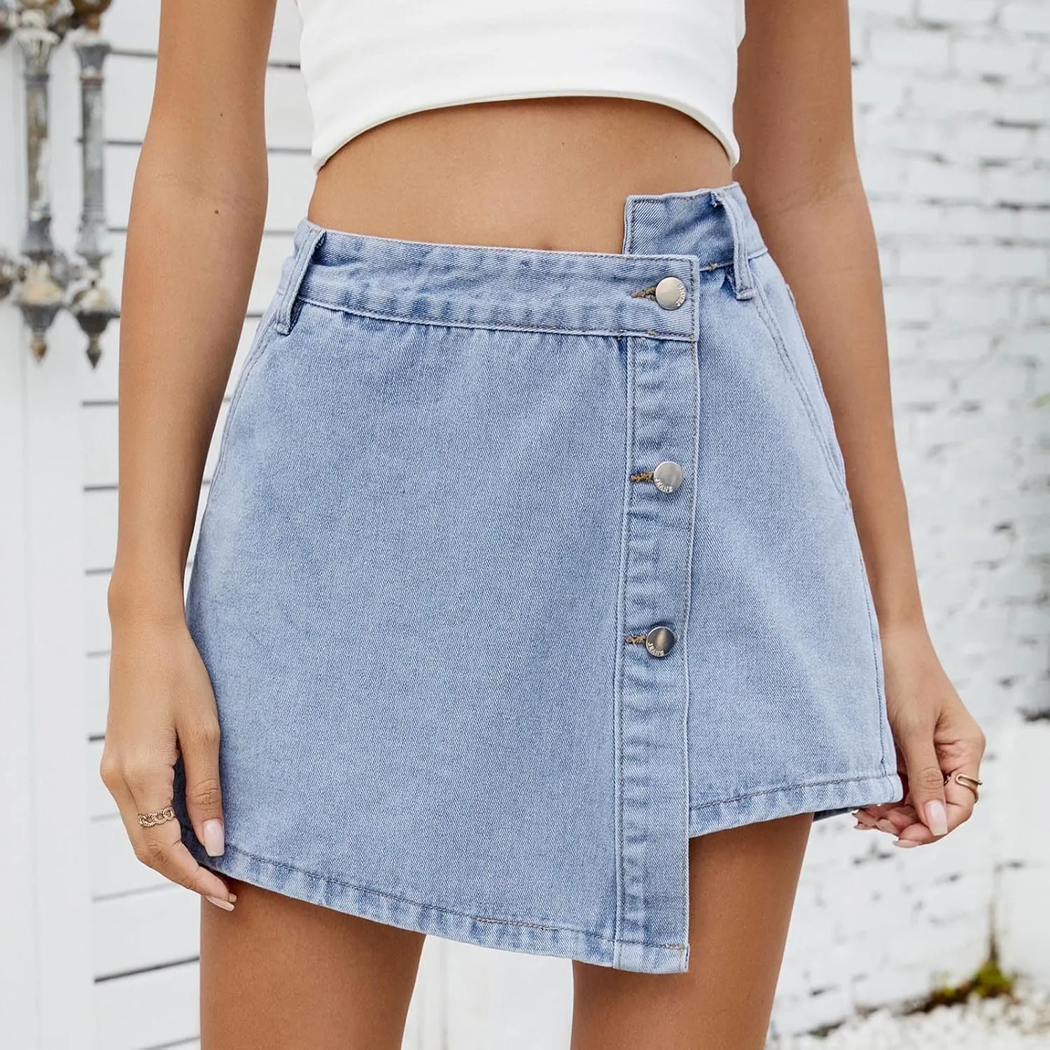 Women High Waisted Wrap Denim Shorts Casual Y2k Mini Skirt with Built in Shorts Crossover Waist Asymmetrical Jean Skort
