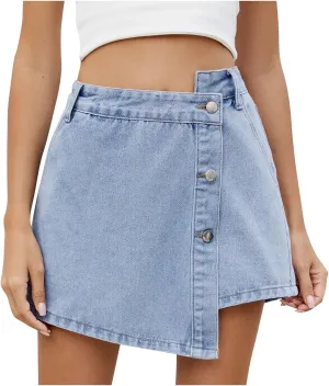 Women High Waisted Wrap Denim Shorts Casual Y2k Mini Skirt with Built in Shorts Crossover Waist Asymmetrical Jean Skort