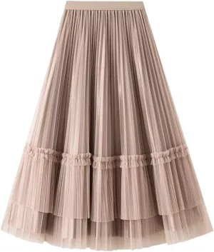 Women Pleated Skirt Fashion Midi Long Velvet Skirts Mesh Skirt
