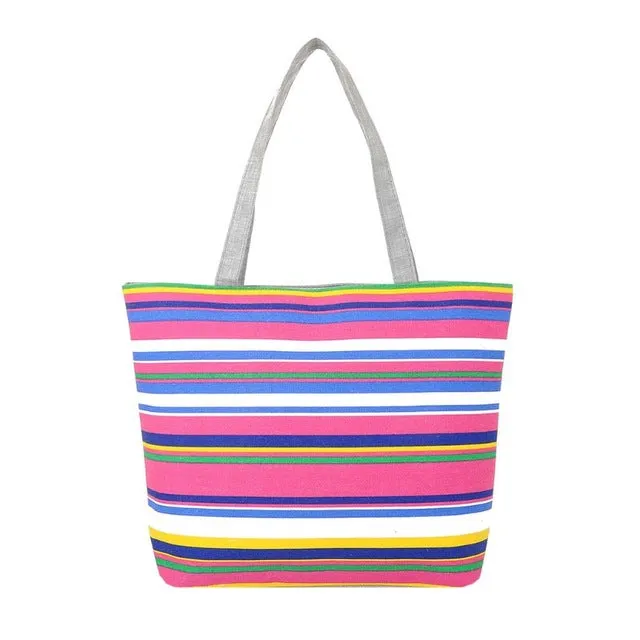 Women Summer Beach Shoulder Bag Handbag Fashion Strips Canvas Shopping Tote Zipper Large Capacity