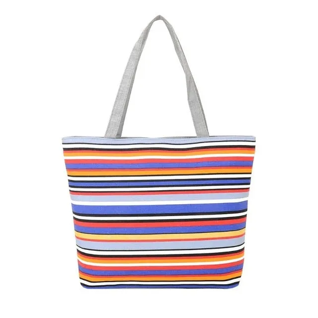 Women Summer Beach Shoulder Bag Handbag Fashion Strips Canvas Shopping Tote Zipper Large Capacity