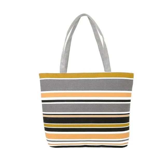 Women Summer Beach Shoulder Bag Handbag Fashion Strips Canvas Shopping Tote Zipper Large Capacity