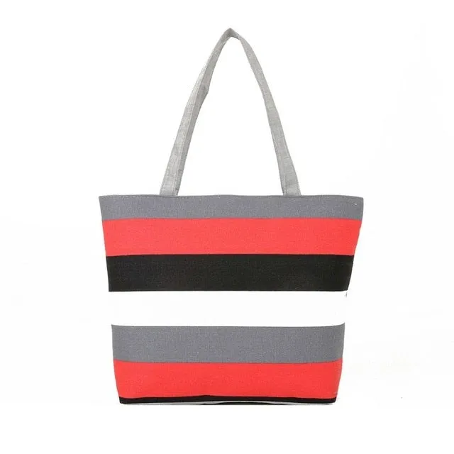 Women Summer Beach Shoulder Bag Handbag Fashion Strips Canvas Shopping Tote Zipper Large Capacity