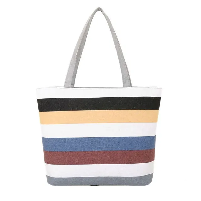 Women Summer Beach Shoulder Bag Handbag Fashion Strips Canvas Shopping Tote Zipper Large Capacity
