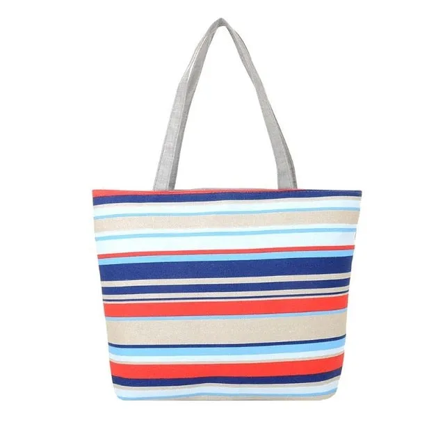 Women Summer Beach Shoulder Bag Handbag Fashion Strips Canvas Shopping Tote Zipper Large Capacity