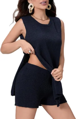 Women Summer Knitted Sweater Set 2 Piece Casual Lounge Set Sleeveless Split Tank Top Shorts Outfits Pajamas Set