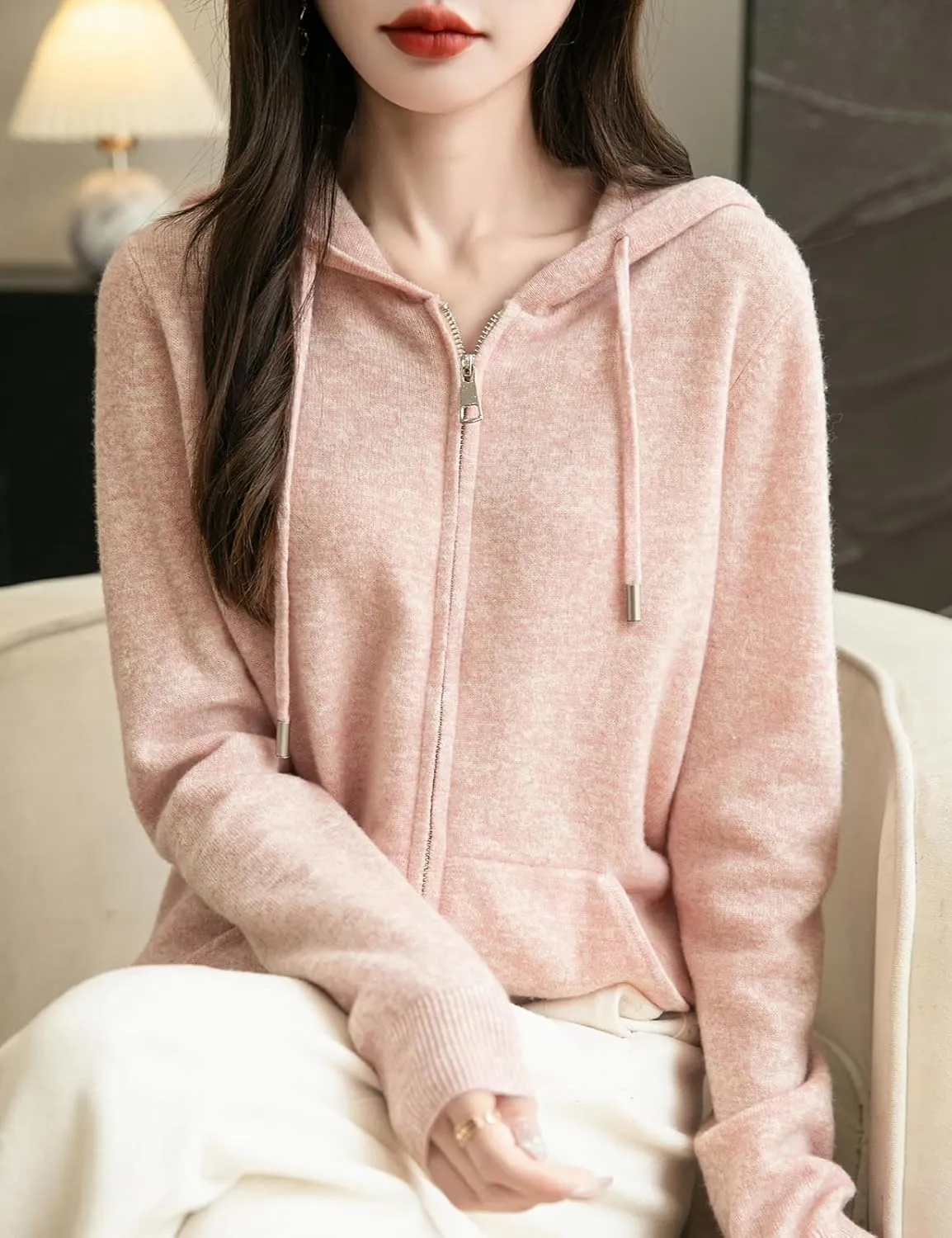 Women's 100% Merino Wool Zip Up Hoodies 2025 Fall Winter Warm Long Sleeve Knit Sweatshirt Cardigan with Pocket
