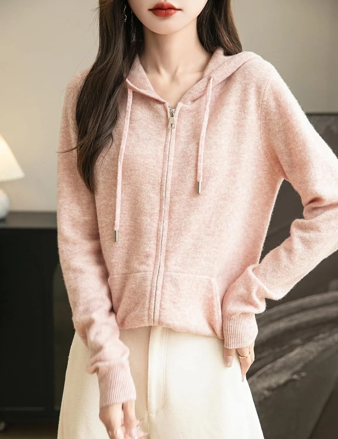 Women's 100% Merino Wool Zip Up Hoodies 2025 Fall Winter Warm Long Sleeve Knit Sweatshirt Cardigan with Pocket