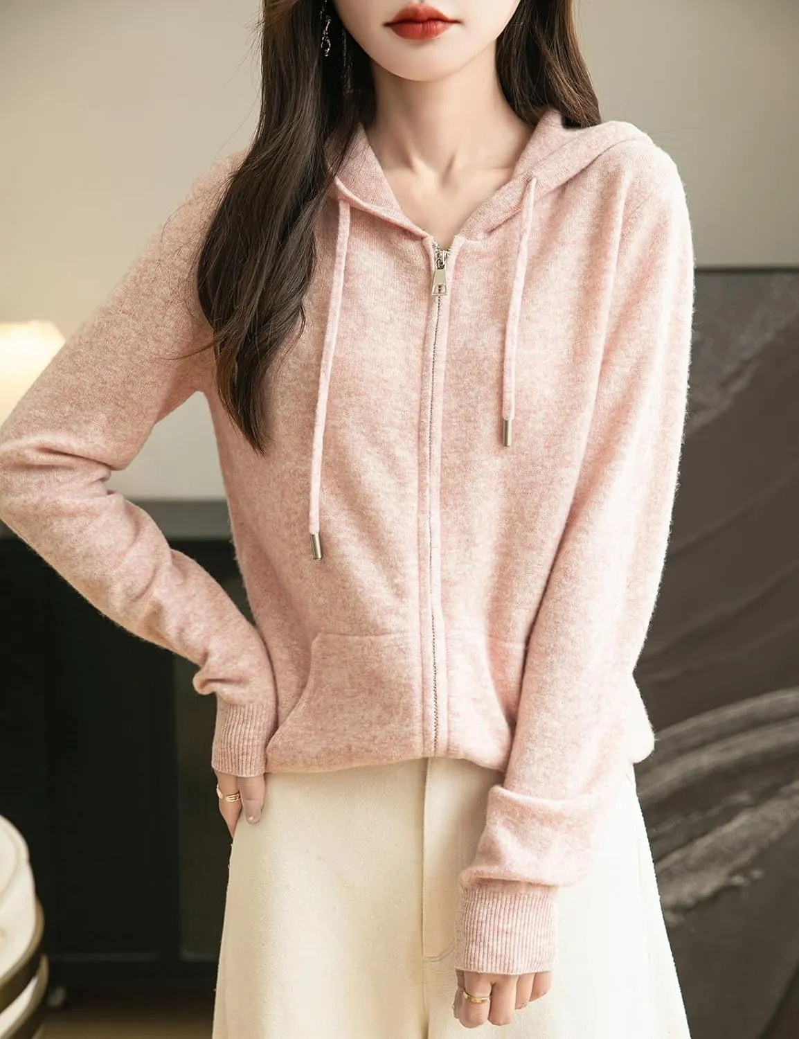 Women's 100% Merino Wool Zip Up Hoodies 2025 Fall Winter Warm Long Sleeve Knit Sweatshirt Cardigan with Pocket