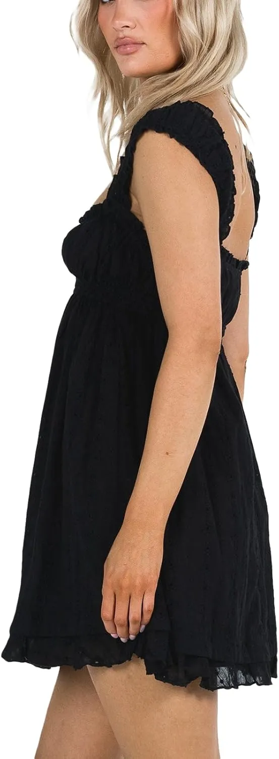 Women's Babydoll Mini Dress Floral Embroidery Sleeveless Ruffle Short Dresses Square Neck A-Line Loose Sundres