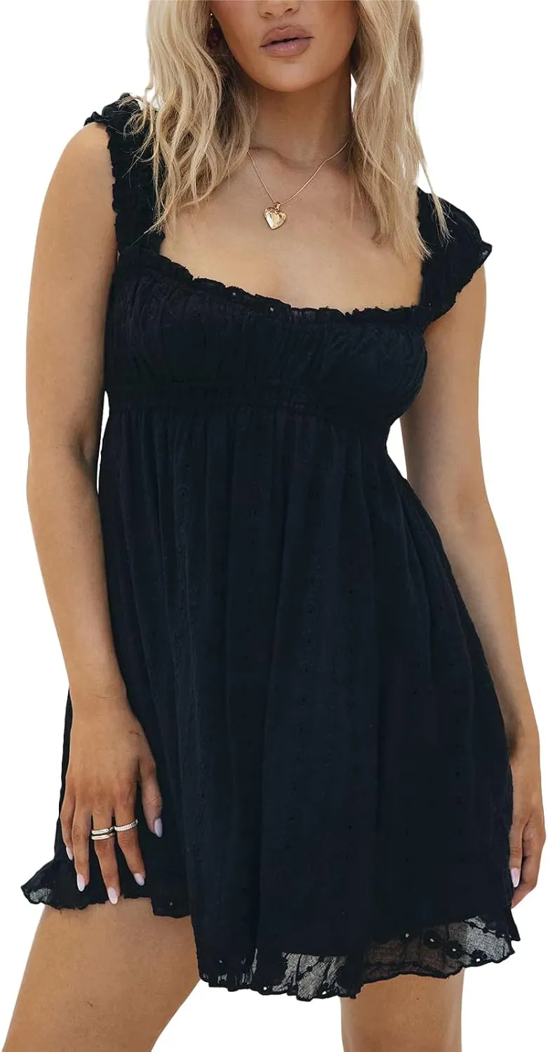 Women's Babydoll Mini Dress Floral Embroidery Sleeveless Ruffle Short Dresses Square Neck A-Line Loose Sundres