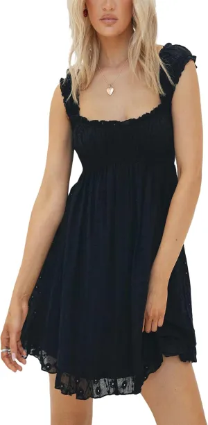Women's Babydoll Mini Dress Floral Embroidery Sleeveless Ruffle Short Dresses Square Neck A-Line Loose Sundres