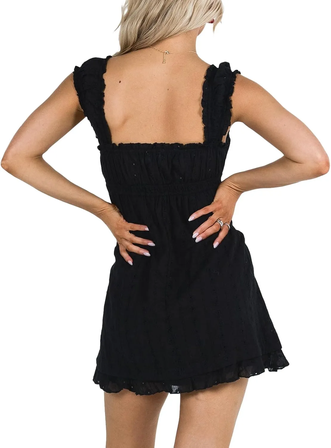 Women's Babydoll Mini Dress Floral Embroidery Sleeveless Ruffle Short Dresses Square Neck A-Line Loose Sundres