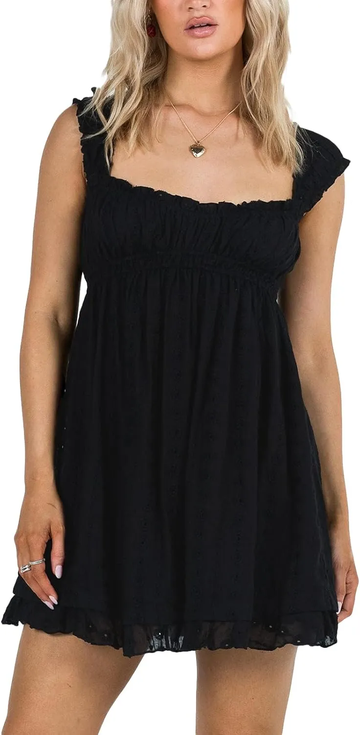 Women's Babydoll Mini Dress Floral Embroidery Sleeveless Ruffle Short Dresses Square Neck A-Line Loose Sundres
