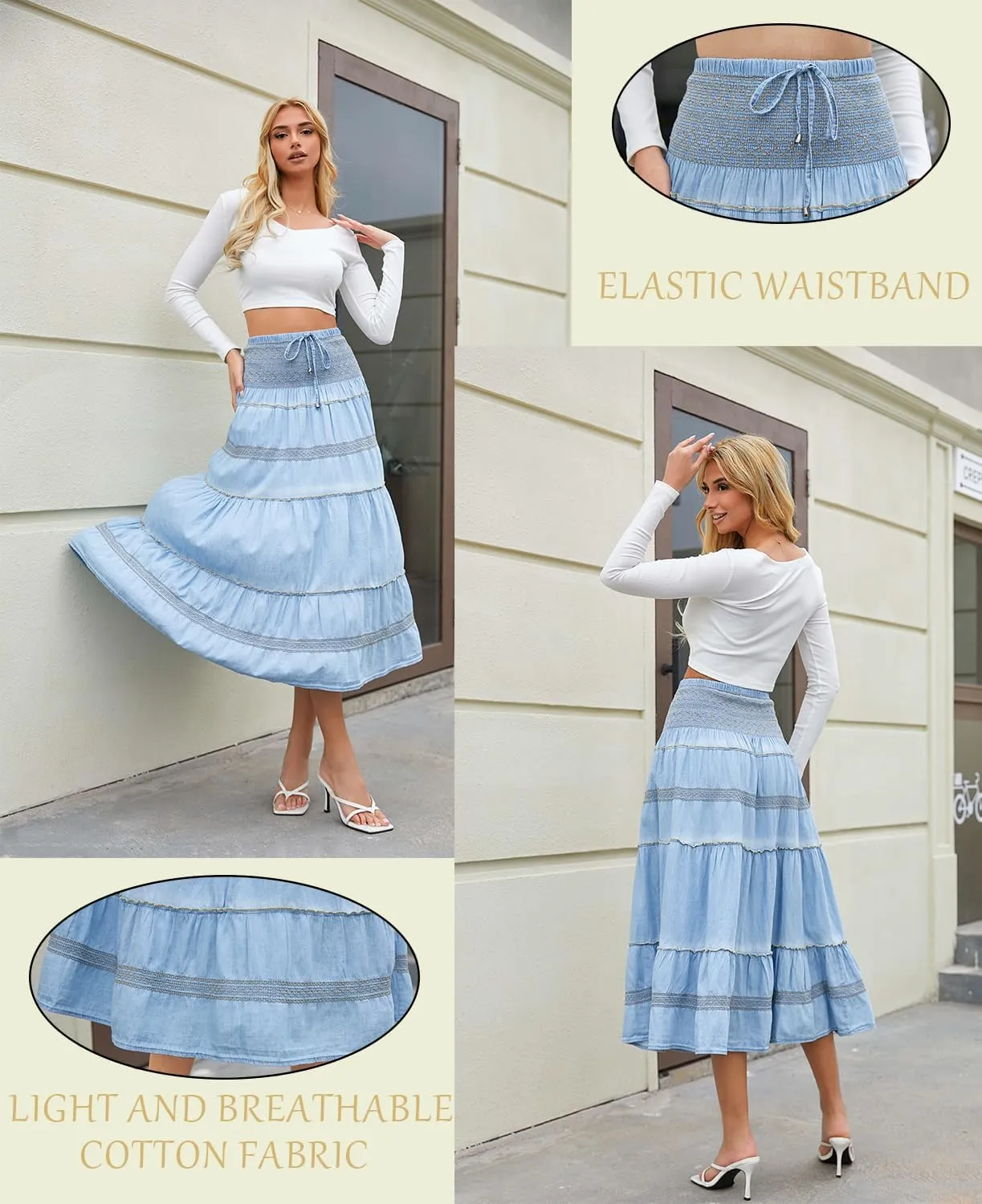 Women's Denim Boho Maxi Skirts Elastic High Waist Ruffle Tied A Line Flowy Long Jeans Skirts